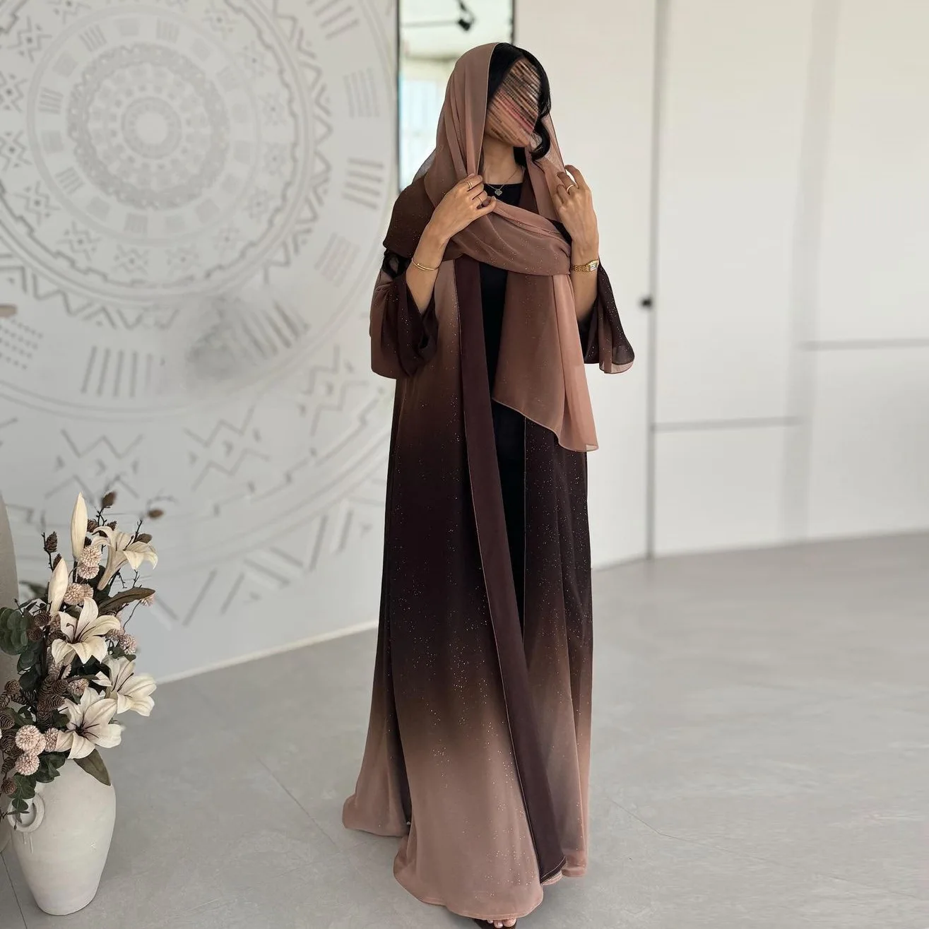 2024 Modest Luxury Dubai Abaya Turkish Women Muslim Dress Glitter Chiffon Kimono Tie Dye Ombre Abaya