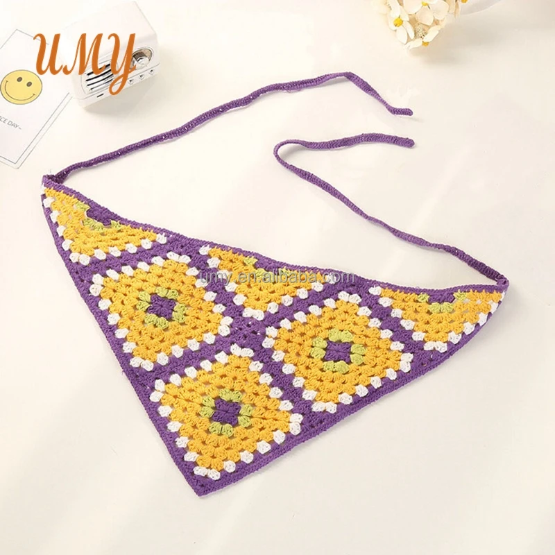 Hippie Headbands Women Cotton Handmade Bandana Granny Square Crochet Headscarf