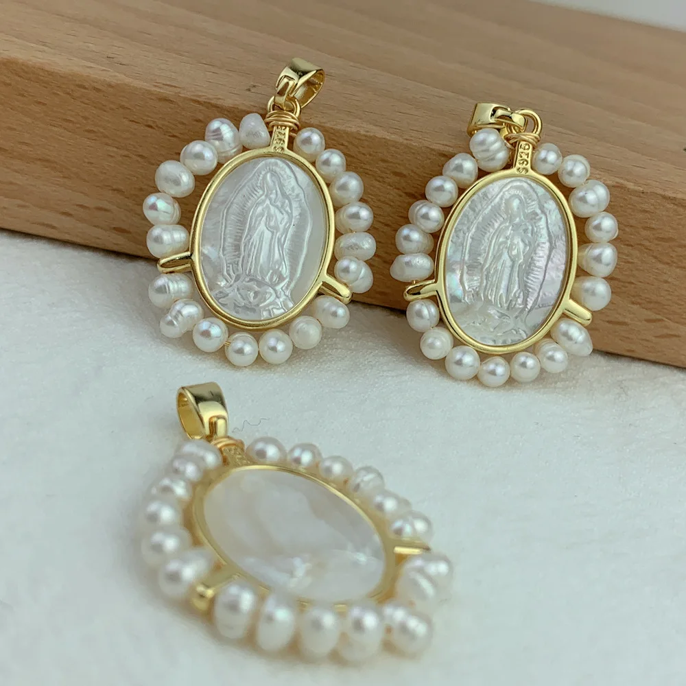 Holy Guadalupe Virgin Mary Necklace Natural Freshwater Pearl MOP Shell Cameo Oval Medal Pendant Jewelry