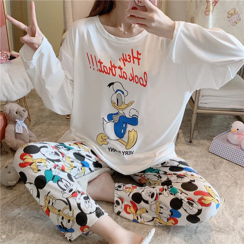 Sleepwear Autumn O Neck Long Sleeve Pants 2Pcs Sets Pajamas Snoopy Cartoons Korean Loungwear Oversize Sweet Leisure Home