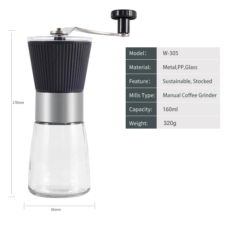 Adjustable Manual Coffee Beans Grinder Glass Grinding Tool With Cleaning Brush
