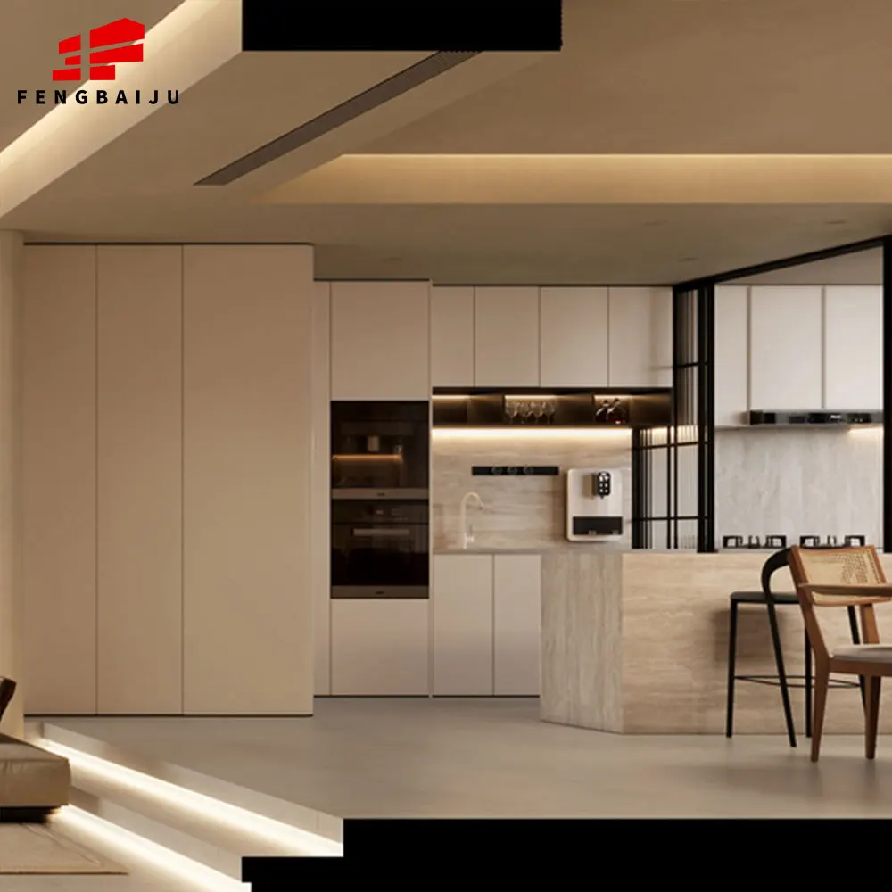 FBJ Modern shaker design kitchen all custom durable cupboard white marble top lacquer finished wooden kitchen cabinets