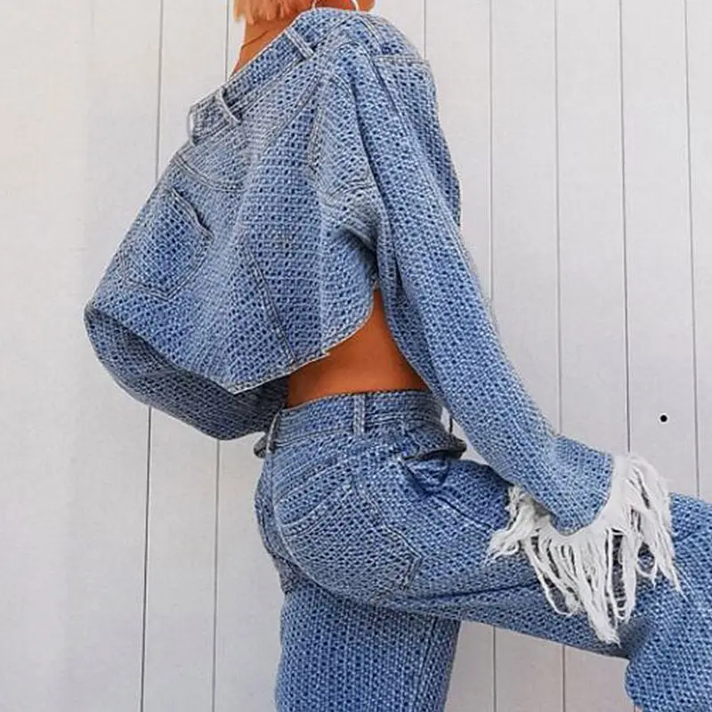 New fashion tassel long sleeve denim crop coat top and wide leg jeans pants leisure two piece suit for women