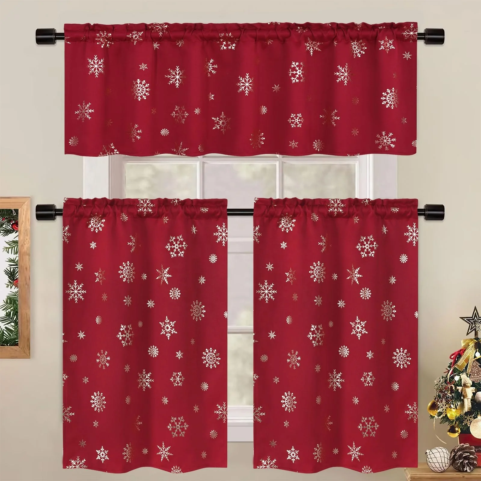 Bindi 2 Panels Gold Snowflake Foil Print Rod Pocket Red Christmas Tier Kitchen Curtains