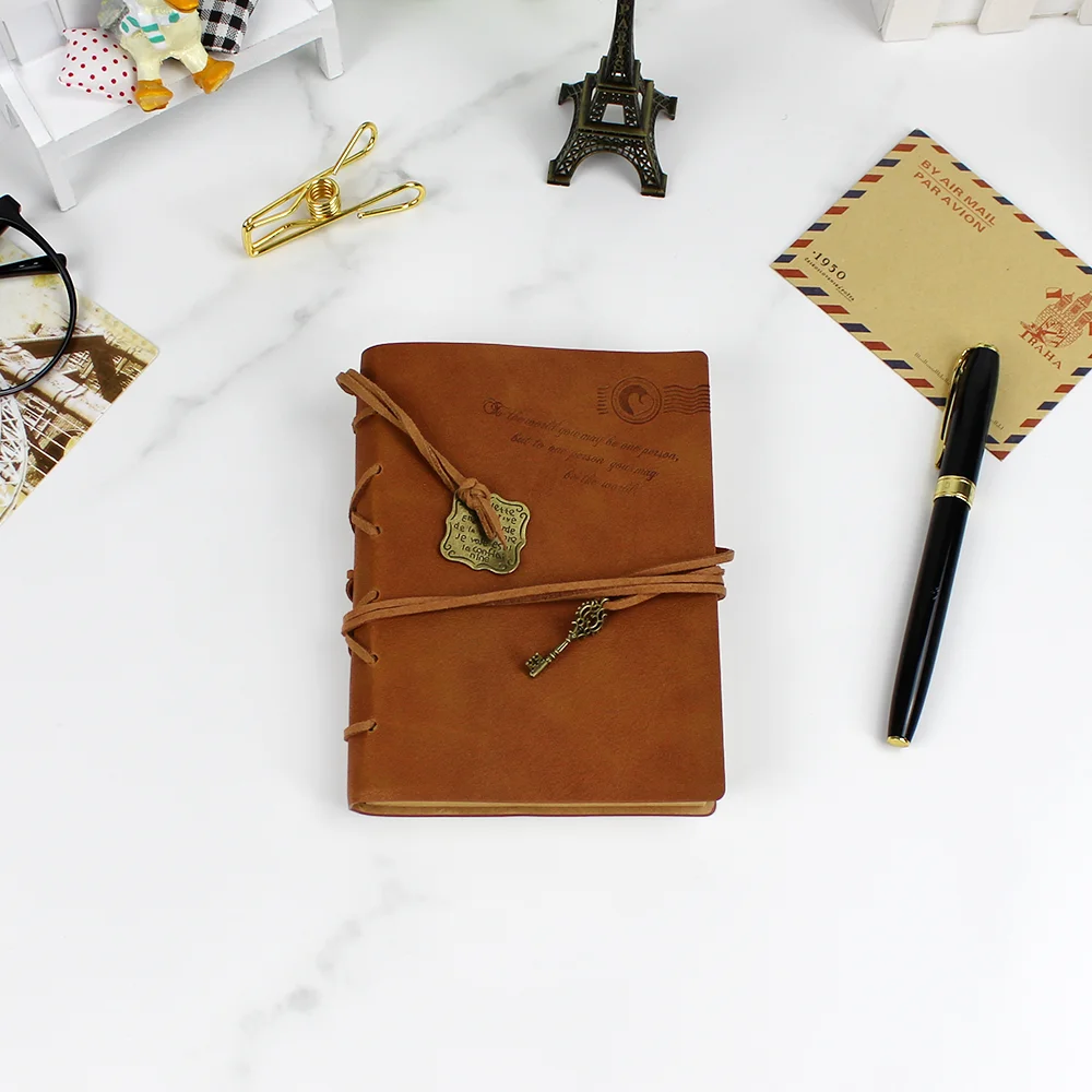 Custom Journal Faux Vintage Travel Dairy Notebook A7 PU Cover Blank Kraft Paper Leather Diaries With Pendant