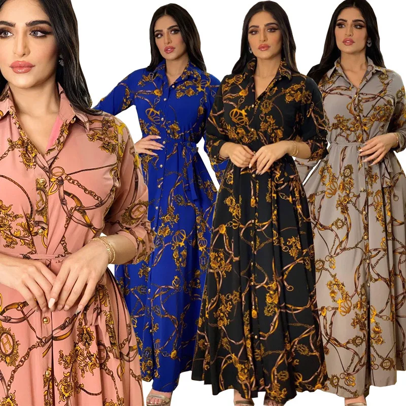 new model ladies smart Large Swing Middle East Muslim Indonesia Vintage Print Shirt Elegant Casual long Dresses for fat women