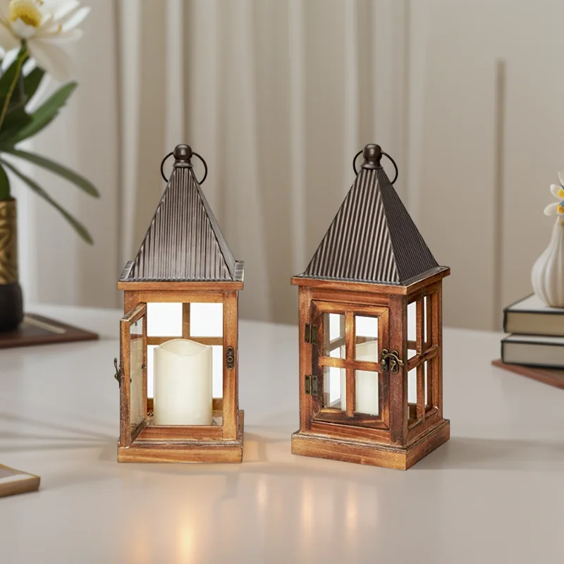 Nature Moroccan Metal Pyramid Peaked Candle and Wooden Lantern Home Decorative for Weddings Candle Holder Lantern for Home Decor