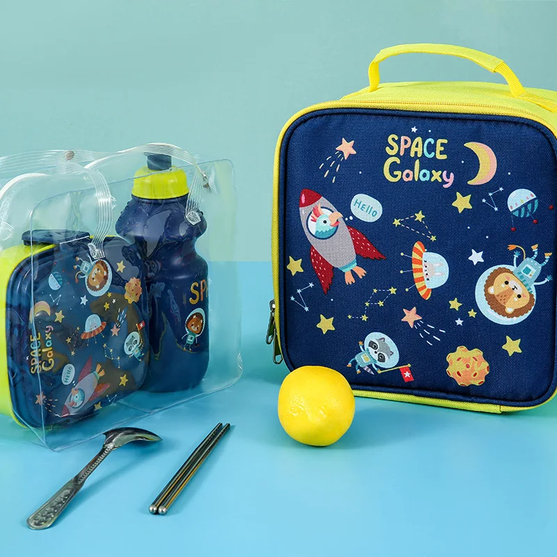Cartoon Pattern 3 In 1 Lunch Tote Bag With Sandwich Box & Water Bottle Portable School Cooler Set