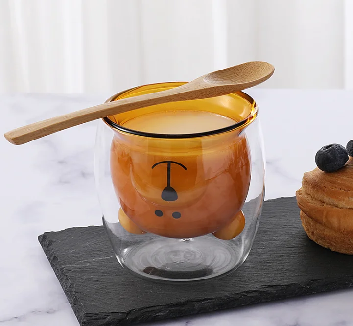 
Heat- resistant Reusable Color Cute Design GlassTumbler Double Wall Bear Glass Cup for Water Beer Drinking 