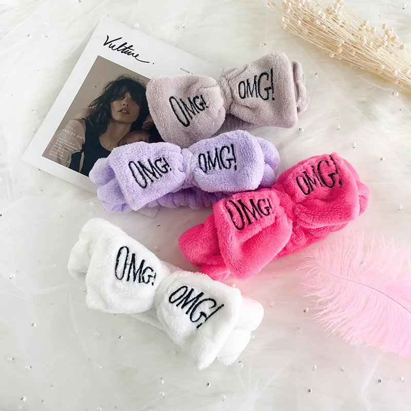 2020 New OMG Letter Coral Fleece Wash Face Bow Hairbands For Women Girls Headbands Headwear Hair Bands Turban Hair Accessories