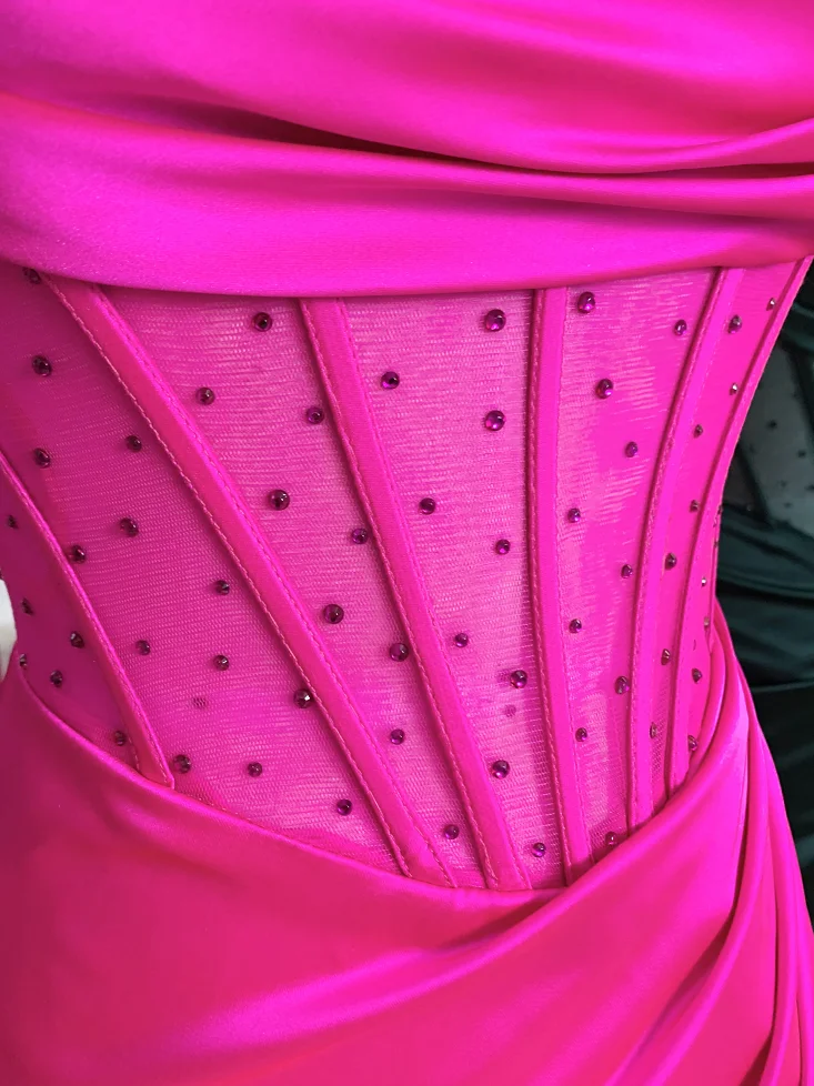 Hand pleated Hot pink Soft Drapes Square Neckline Corset Bodice Lace Up Back High Slit Rhinestones Bodice fitted Prom Dress