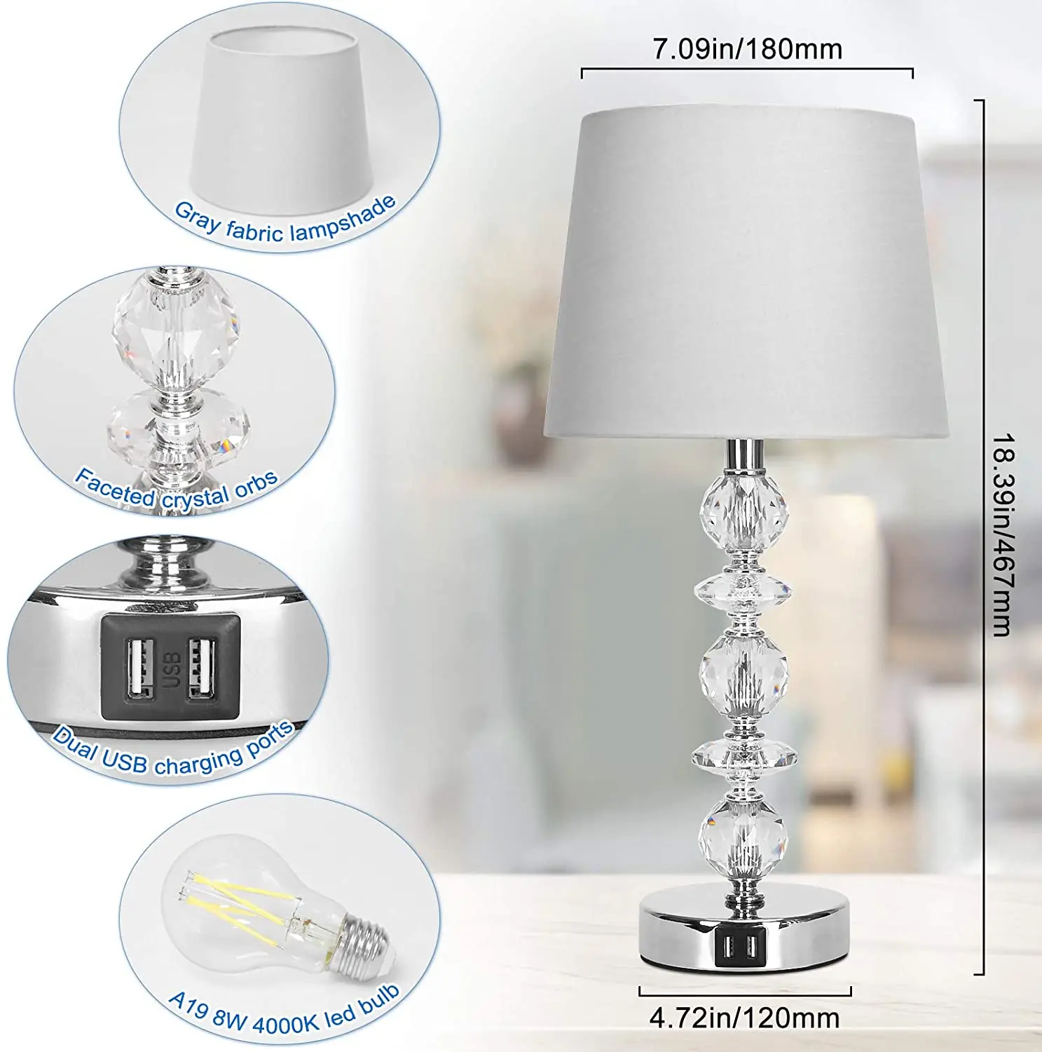 Touch Control Crystal Table Lamp with Dual USB Ports Modern Bedside Light Gray