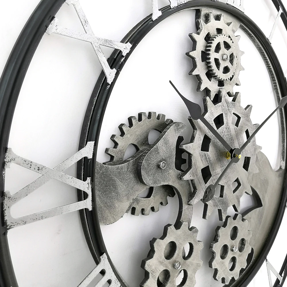 70cm round retro industrial style silver wood wheel gear roman numbers home decor quartz wall mounted clock for living room