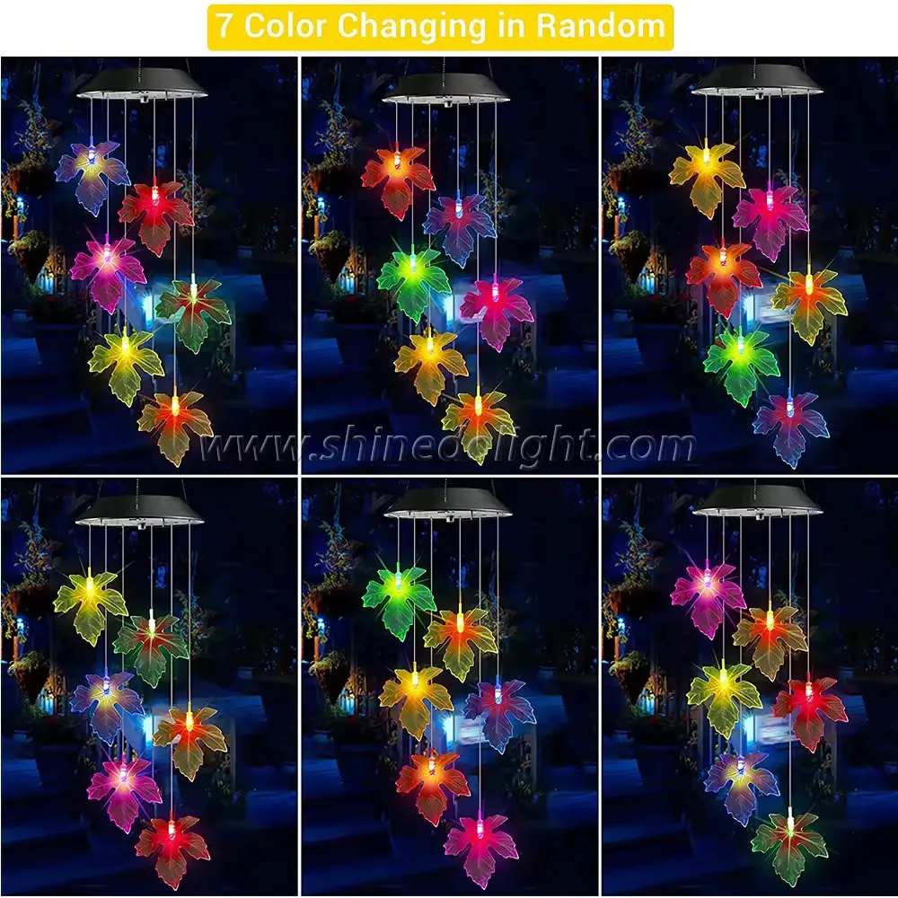 LED Mobile Solar Wind Chimes Color-Changing Maple Leaf Design Made of Durable Plastic