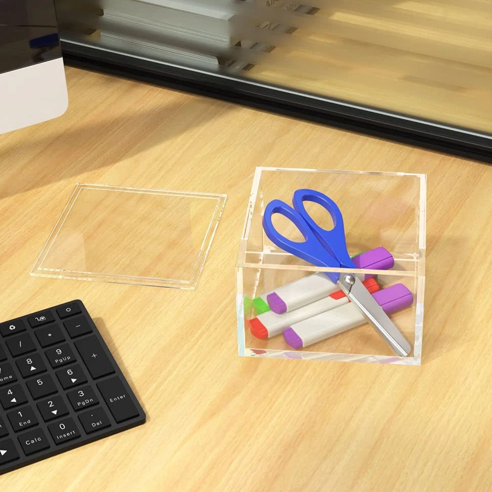 Decorative Clear Acrylic Box with Lid, Clear Box Square Stackable Mult-Purpose for Office and Home