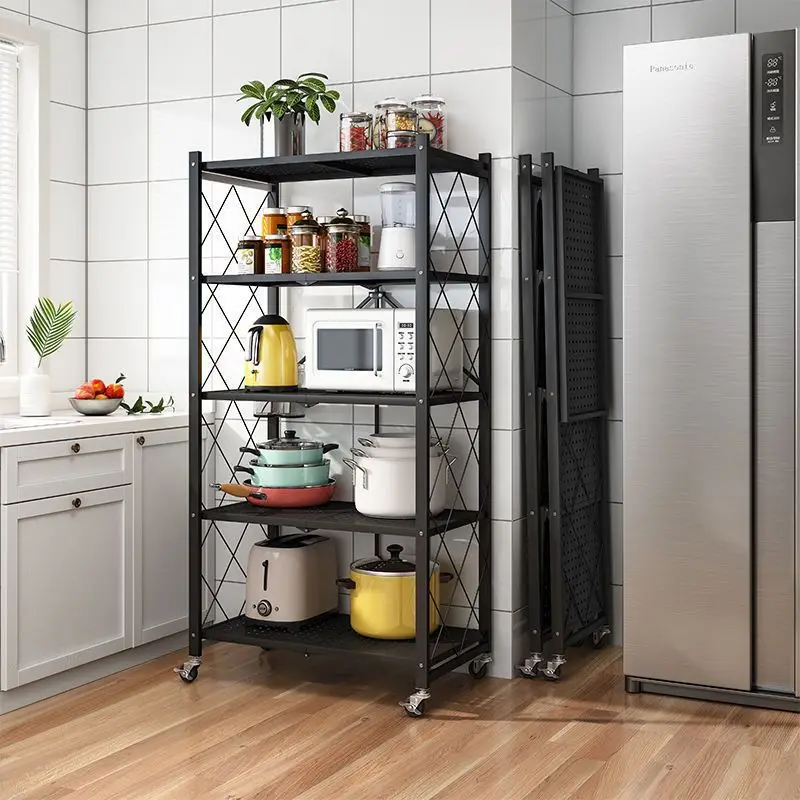 Folding Metal Kitchen Organizer Shelf Mobile Foldable Storage Rack With Wheels