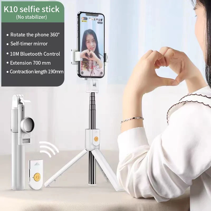 Hot Sale K10 Universal 360 Degree Rotatable with Tripod Bendable Black Mirror remote control Smartphone Phone fold Selfie Stick