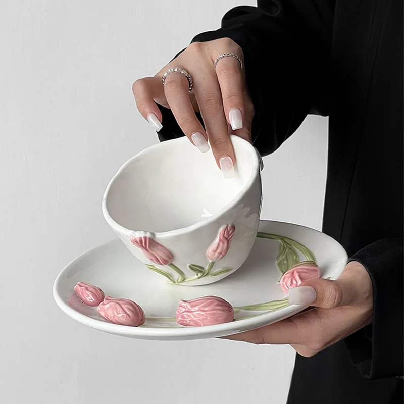 French Style Relief Ceramic Tulip Pattern Coffee Cups And Dessert Plate Set Milk Glass Coffee Mug