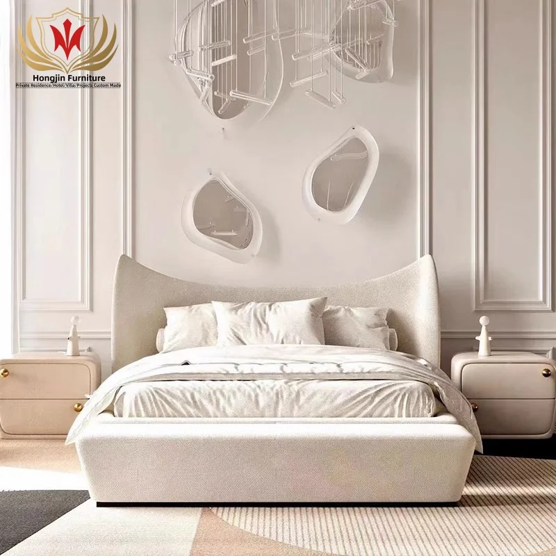 HJ HOM Modern unique design queen size beds home villa apartment fabric upholstered king size bed for bedroom