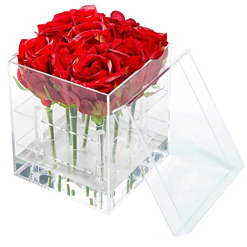 Custom Square Clear Packaging Cover Display Wedding Preserved Rose Storage Bouquet Acrylic Flower Box Eternal Immortal Rose BOX