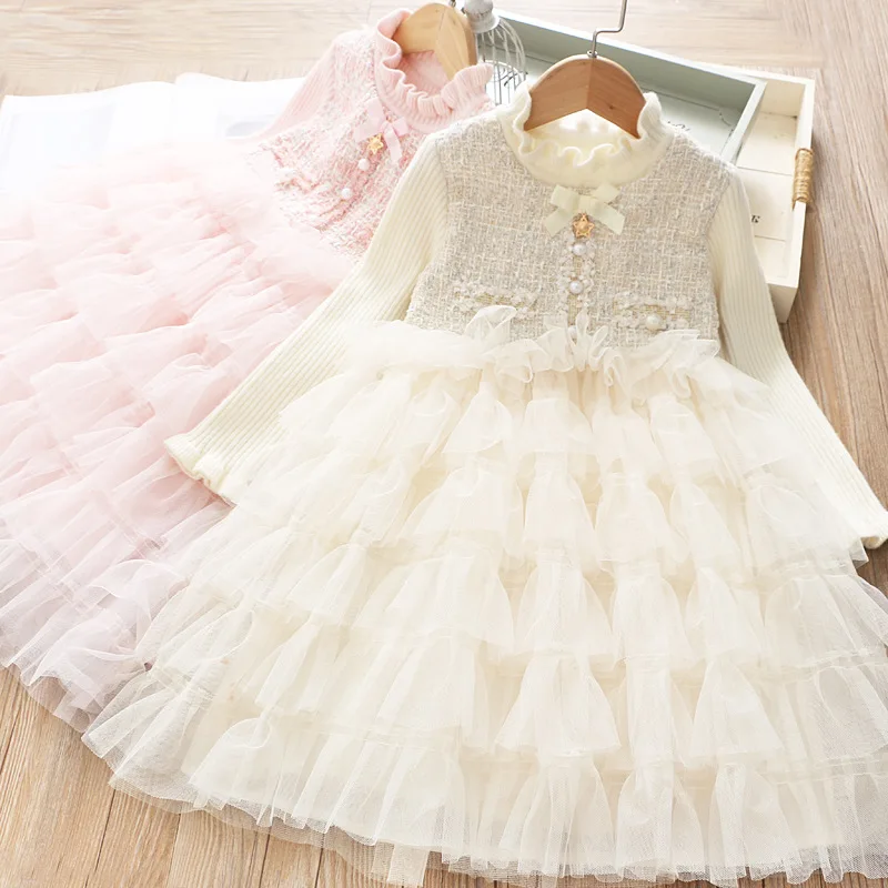Sweet girl cake dress autumn new girl layered mesh yarn stitching dress