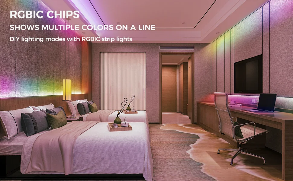 Remote Control 16.4ft 32.8ft Dynamic RGBIC Color Changing Chasing Effect Music Sync Addressable Dreamcolor LED Strip Light