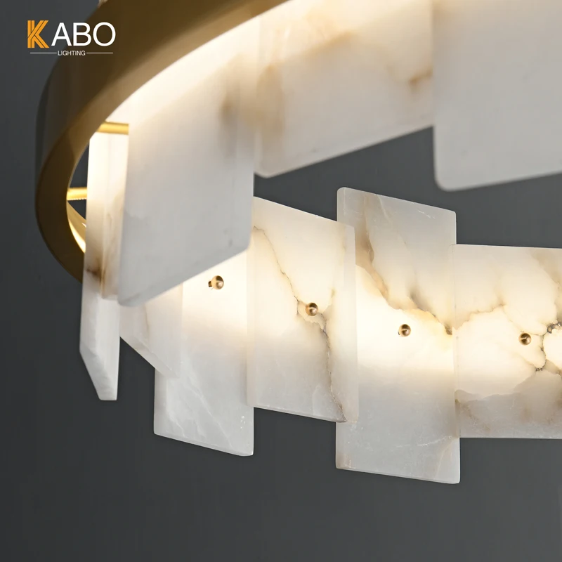 Nordic Natural Alabaster Luxury Living Room Chandelier Modern Simple Dining Room Villa Copper Rectangular Led Chandelier