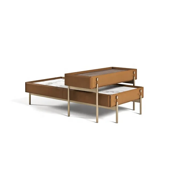 luxury living room furniture saddle hard leather coffee table marble center table