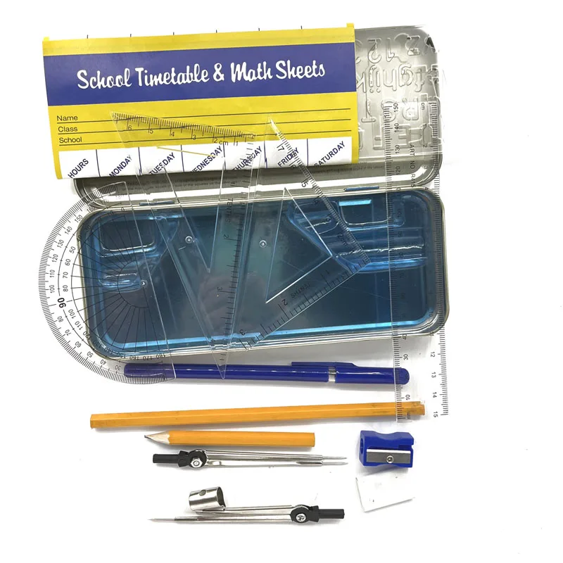 Nigerian Market Top 1 Selling 14pcs Metal Math Geometry Box Oxford including 1 Ball Pen for Kids