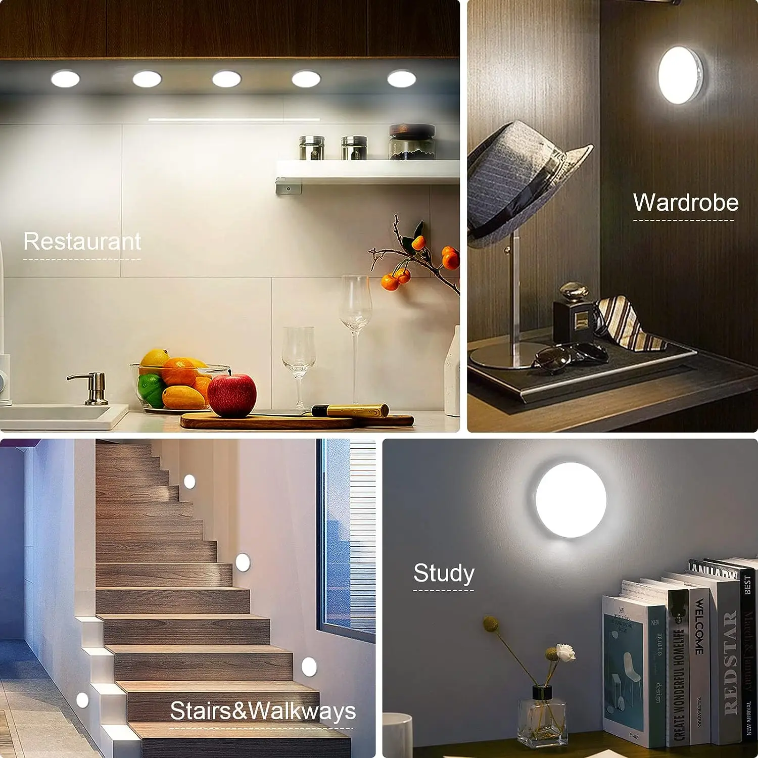 Automatic wireless battery operated led rechargeable mini under cabinet closet wardrobe motion sensor round puck night light