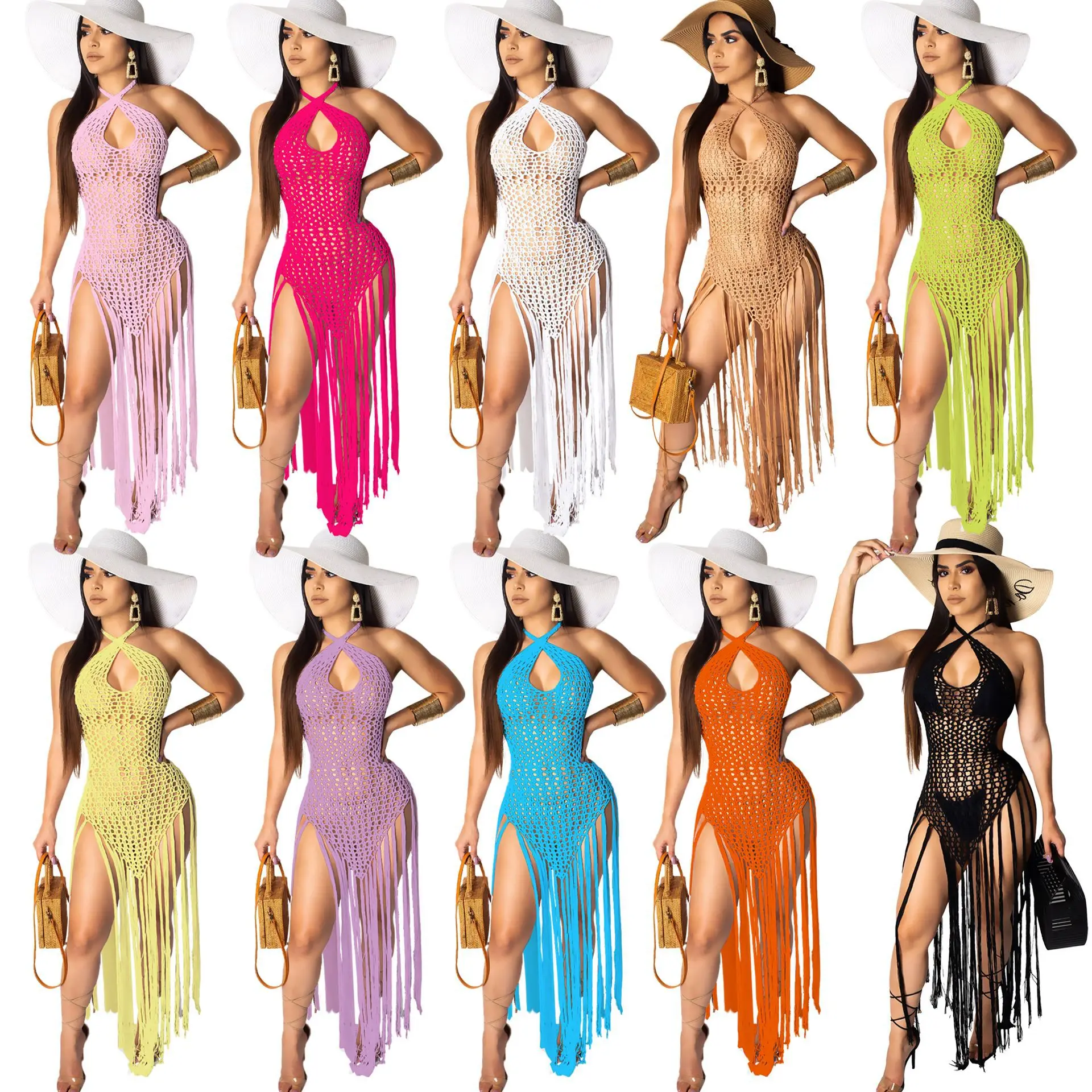 Best selling Hollow Out Mesh Sexy Sleeveless Solid Color Beach Dress With Tassel Sexy Deep V-neck Fringe Summer Dress Female