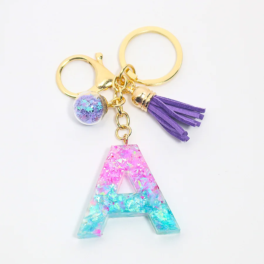 Purple Gradient initial key chain PVC Sequin letter Resin Keychain Acrylic keyring Leather Tassel Custom Crystal Letter Keychain