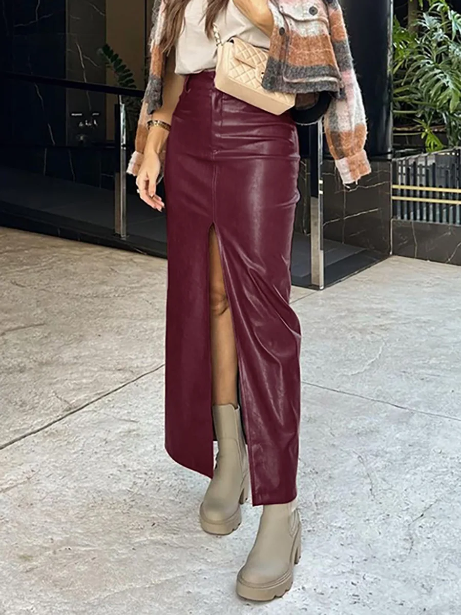 Autumn New Sexy Hight Split Ladies Vintage Long Pencil Skirt PU Leather Maxi Straight Skirts Custom Logo
