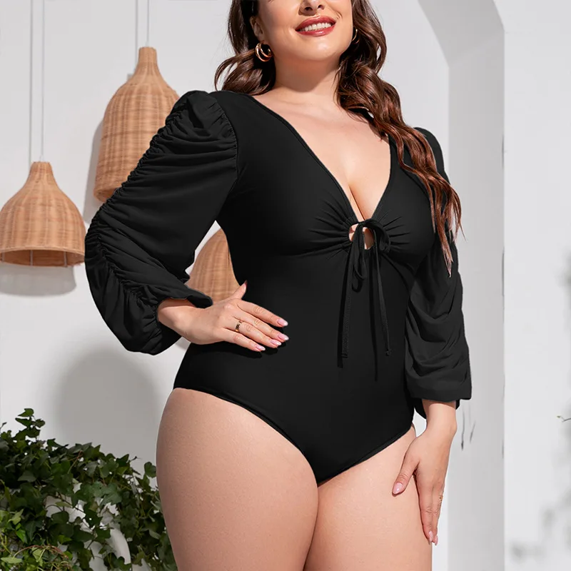 Женские слитные купальники Ladymate ODM/OEM на шнуровке с глубоким V-образным вырезом большие размеры