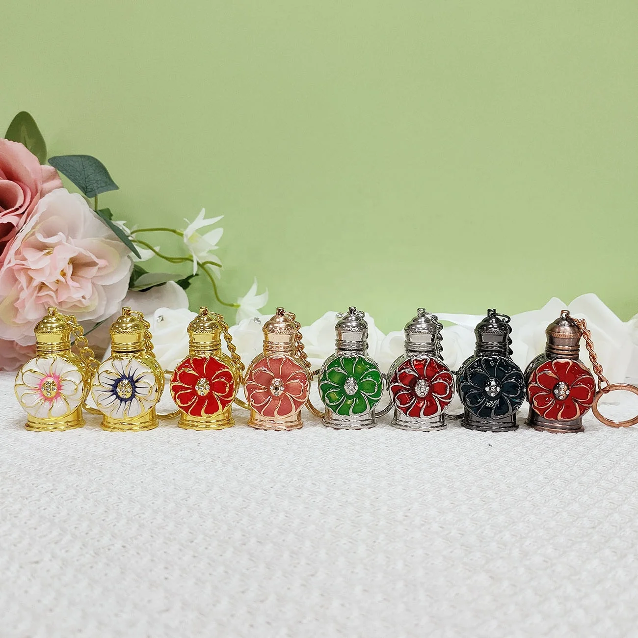 3ml Key Chain Ring Metal Alloy Flower Perfume Bottle Mini Pocket Arabic Glass Essential Oil Refillable Attar Bottle#887