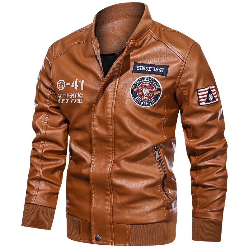 
2021 leather jacket men embroidery motorcycle jacket fleece for autumn winter 