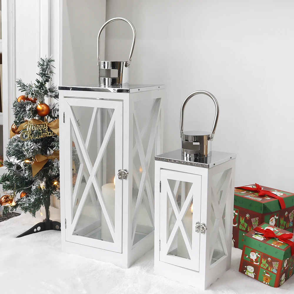 Набор из 2 белых квадратных деревянных стеклянных свечных фонарей с ручкой из нержавеющей стали для внутреннего наружного украшения