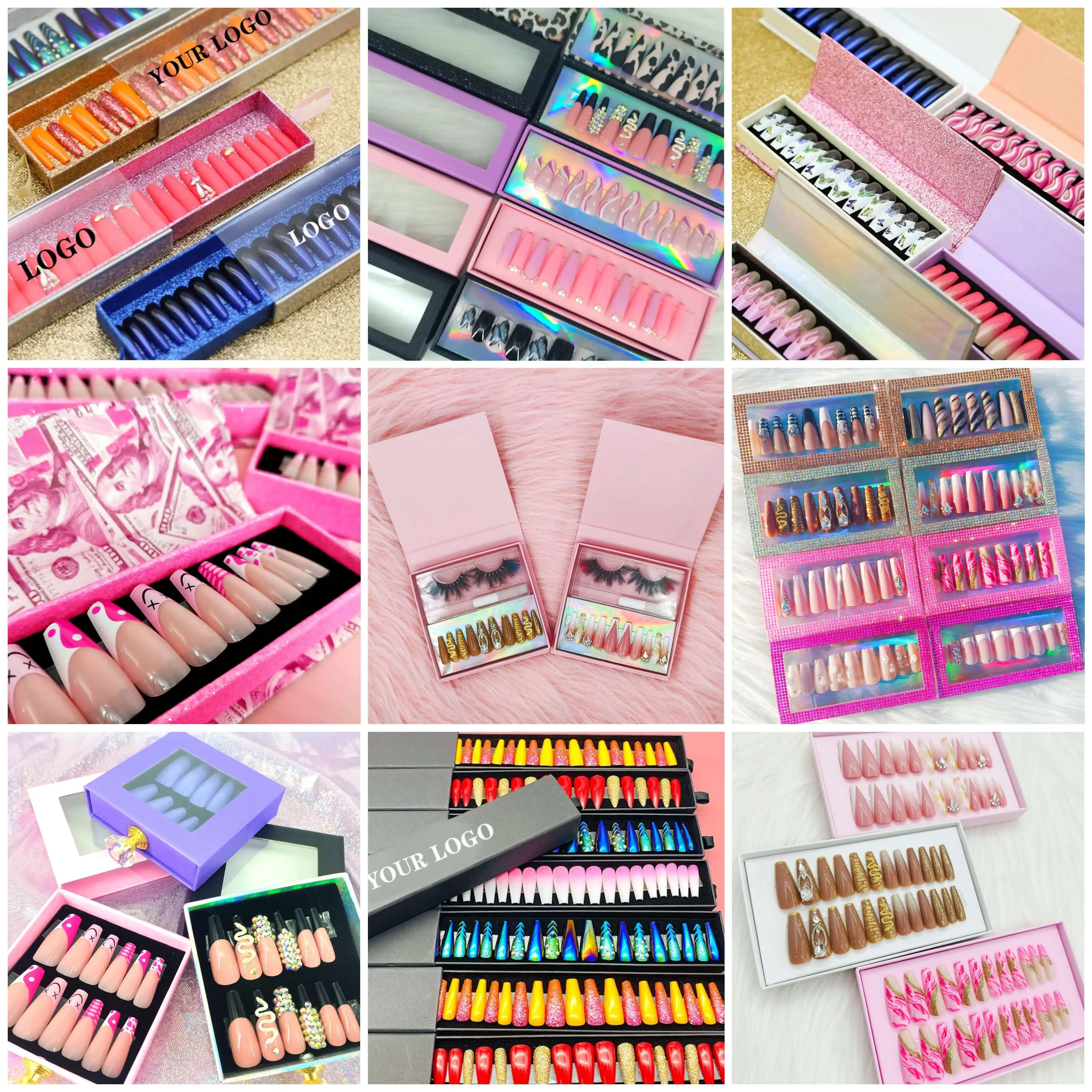 Nail Supplies Salon Accessories Custom Packaging Artificial Fingernails Rhinestone Crystal Press On Nails