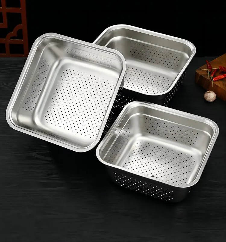 Stainless steel basin square fruit and vegetable salad basin rectangular washbasin thickened and basin fruit and vegetable drain