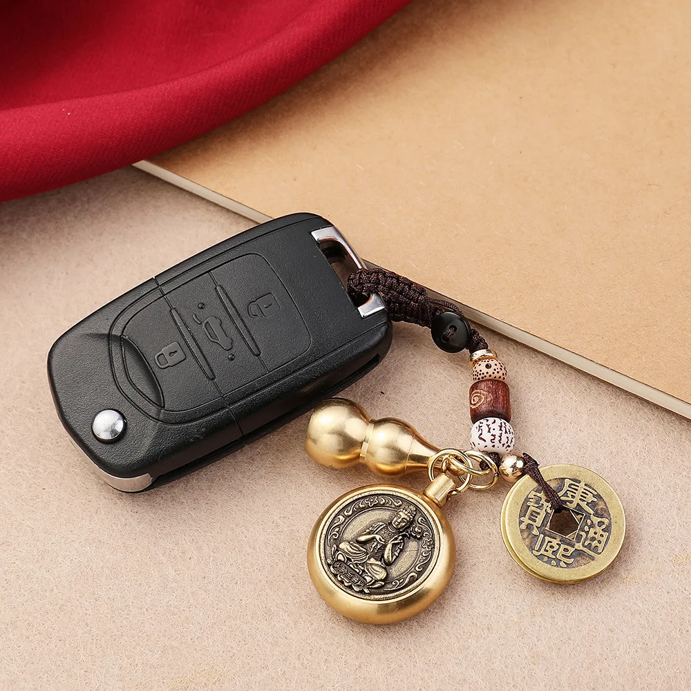Wholesale Brass Eight Guardian Gods Car Key Pendant Rotatory Buddha Bag Accessories Can Pack Cinnabar Twelve Zodiac Keychain