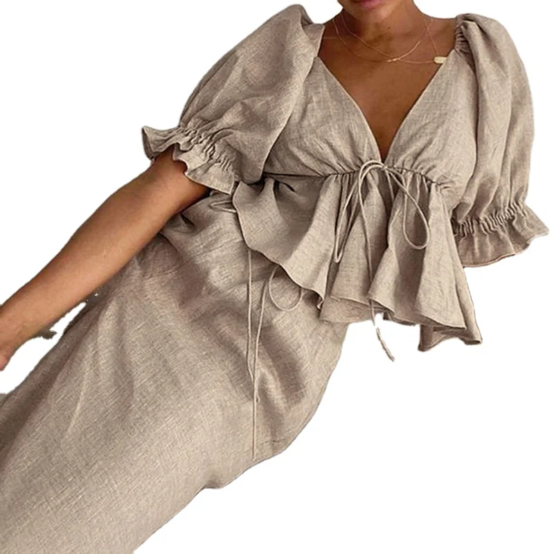 OEM Custom 2022 Spring Linen Cotton Set Puff Sleeve Khaki V-Neck Backless Blouses Ruffle Top&Long Pants Matching Set for Women