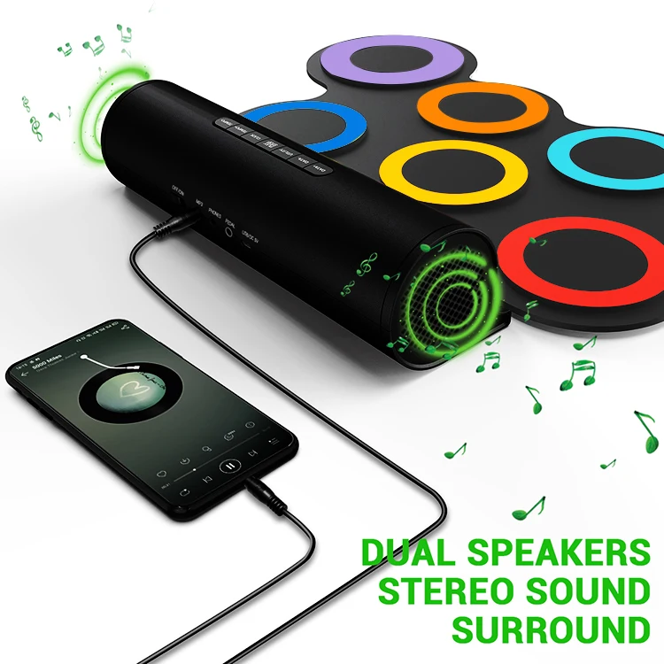 Colorful Music Toy Drum Portable Roll Up Electronic Drum Pad In Built Speaker Percussion Mat