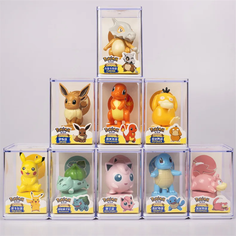 9Pcs/Set Poke moned Action Figures Toys with Acrylic Box Anime Pikachu Eeve Action Dolls Blind Boxes Kids Toy Decoration