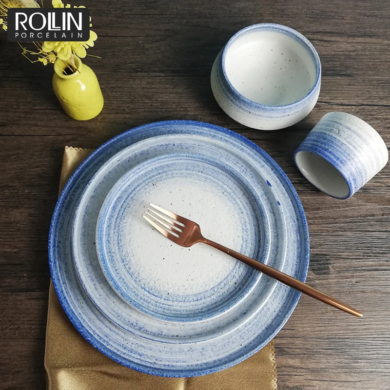 High quality stoneware dinnerware Set ceramic porcelain stickness blue plate set