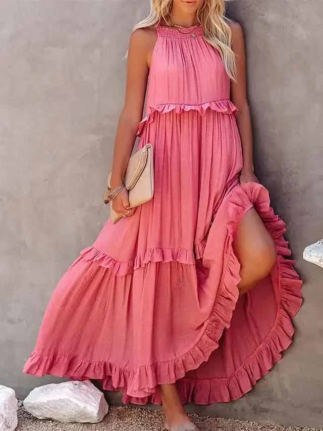 Woven Fabric Evening Wedding Ruffle Long Dress A-Line Sundress with Tights for Female Beach Occasion