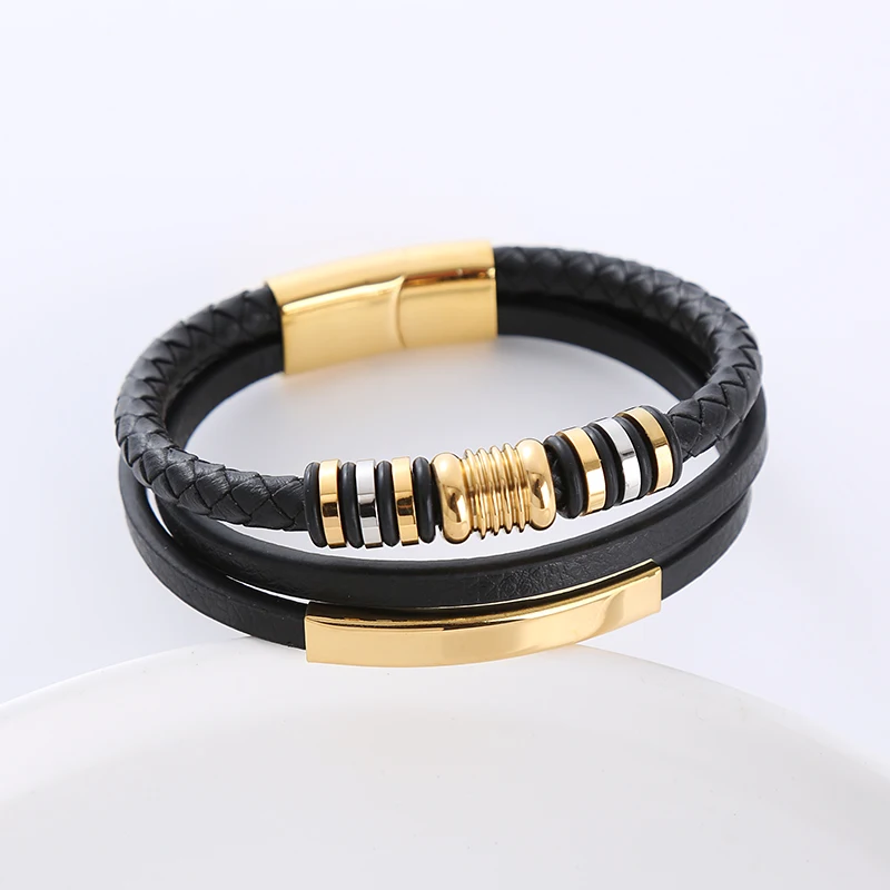 fashion jewellery wholesale stainless steel 18k gold plated blank bar men leather bracelet