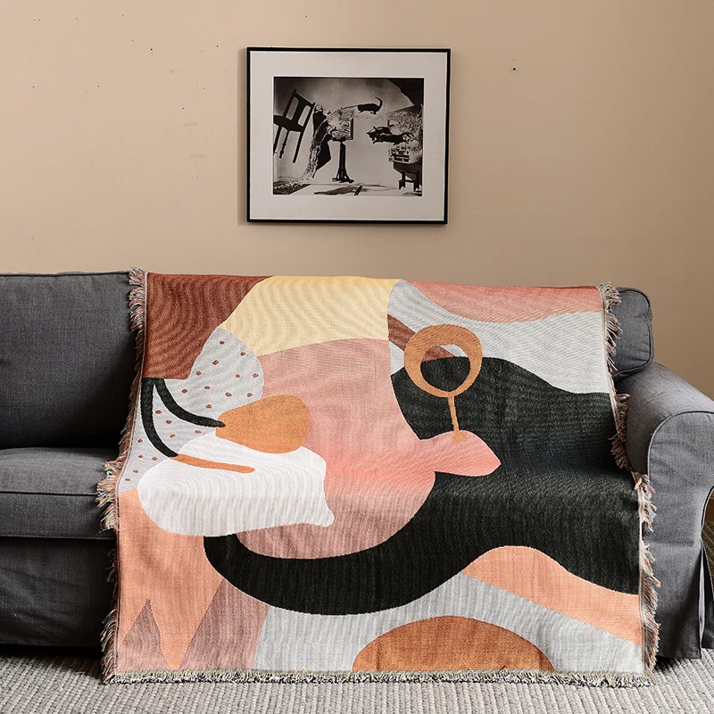 wholesale abstract thick hand woven photo plaid sofa blanket set