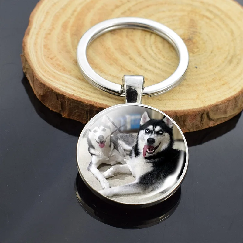Animals Key Chains Siberian Husky Double Side Keychain Dog Photo Glass Cabochon Keyring Animals Jewelry