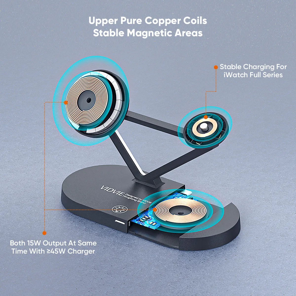 VIDVIE 2021 Newest 5 in 1 Qi Magnetic 15W 3 in 1 Wireless Charger Stand With LED Light