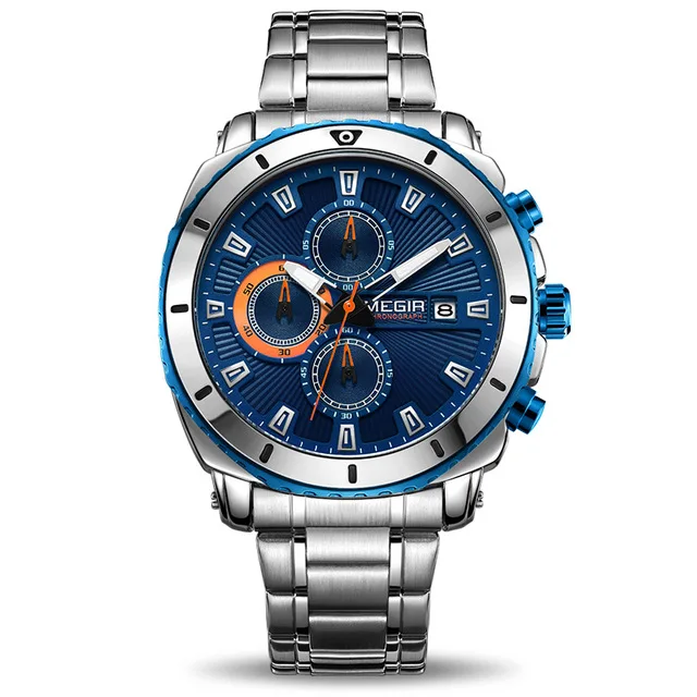 MEGIR 2075 Chronograph Quartz Men Watch Luxury Brand Stainless Steel Business Wrist Watches Men